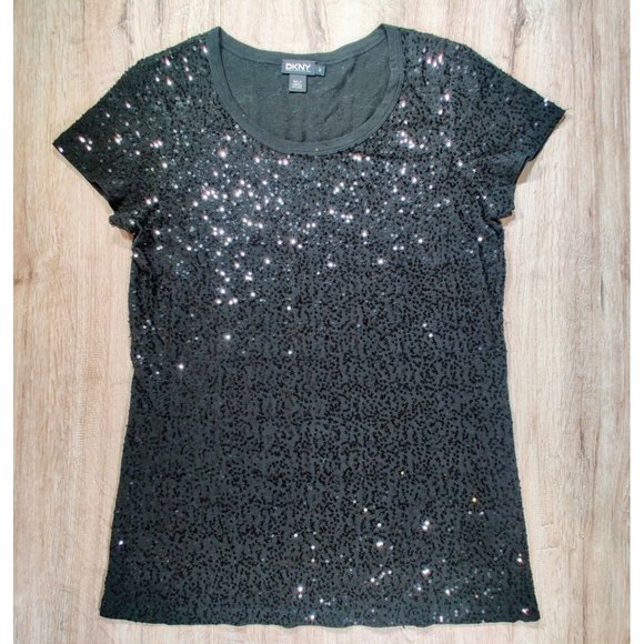 DKNY Sequined Short Sleeve Scoop Neck Shirt size M, Black - Picture 1 of 5